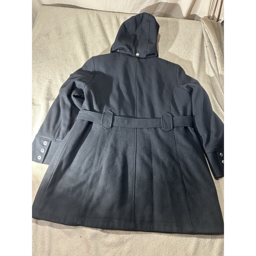 ZeroXposur Black Wool Double Breasted Hooded Peacoat Belted Jacket Womens XL - Picture 2 of 11